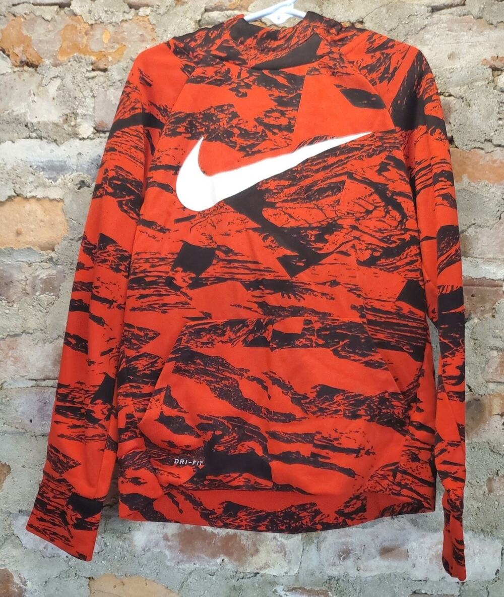 Nike Mens Small Hoodie Pullover Orange Black Abstract Pattern Dri-FIT Athletic